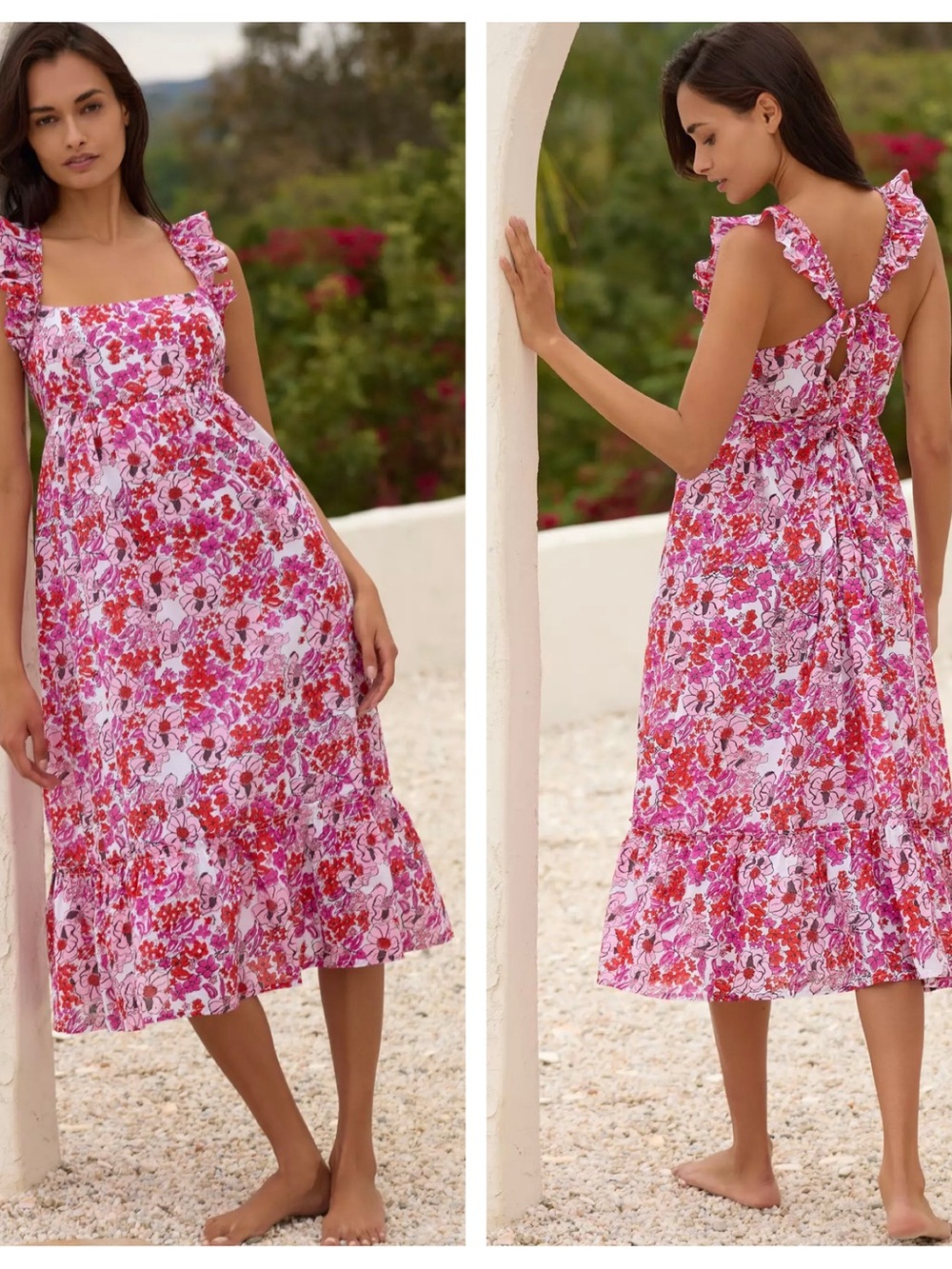 Anthropologie Ro's Garden Becky Midi Dress Pink Red Floral Ruffle Strap Sundress
